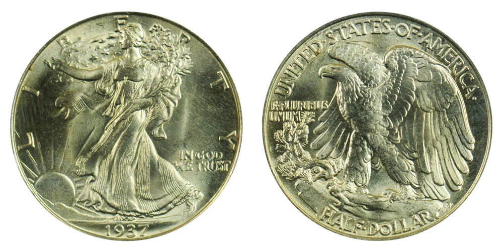 1937 Walking Liberty Half Dollar obverse and reverse, showing Liberty striding toward the rising sun with the American eagle on the reverse