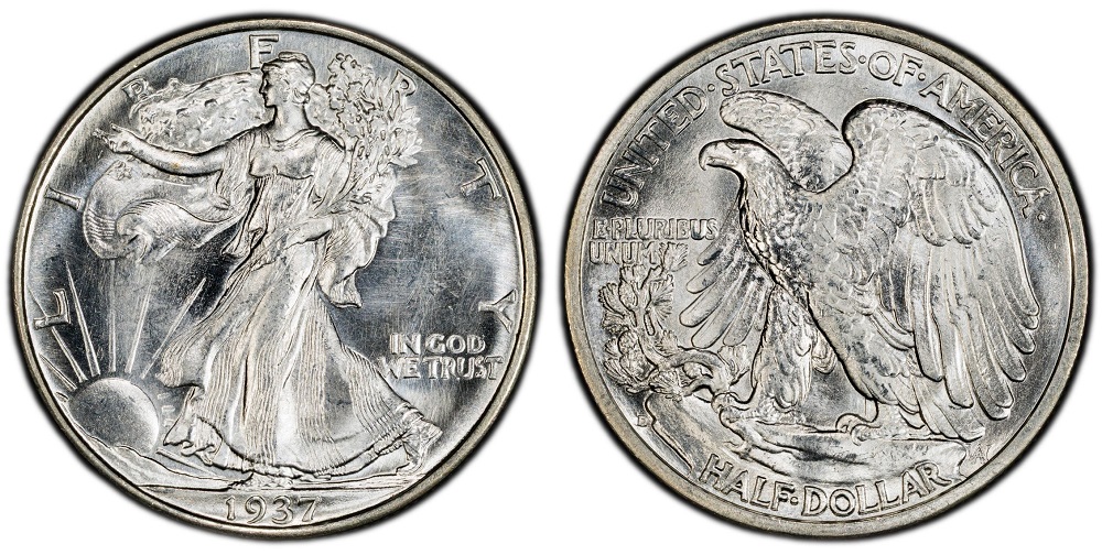 Side-by-side comparison of 1937-D Walking Liberty Half Dollar reverse (left, showing D mint mark) versus 1937-P reverse (right, showing no mint mark) at the lower-left rocky crag