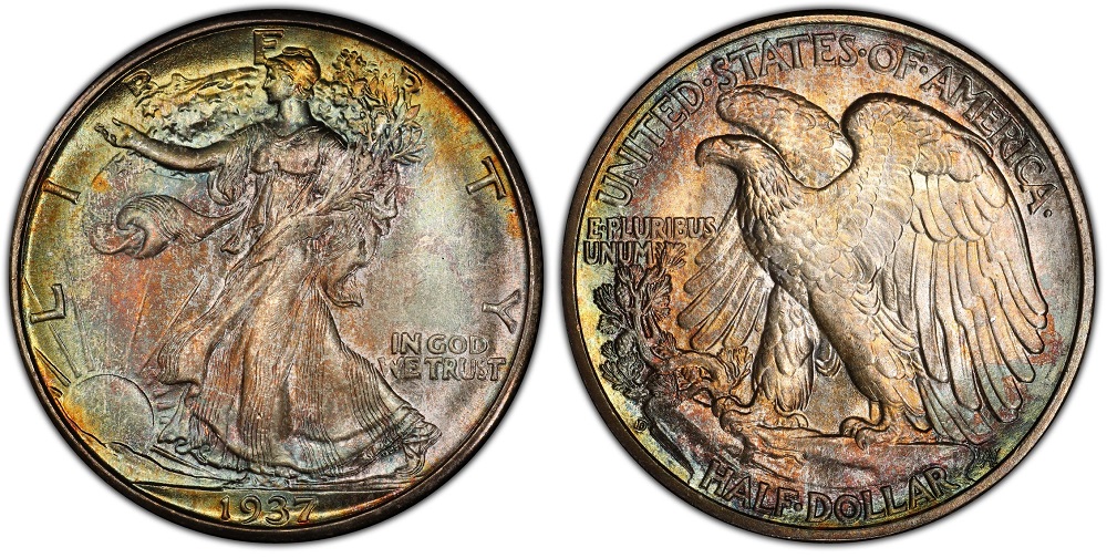 1937-D Walking Liberty Half Dollar reverse close-up showing the Denver D mint mark on the rocky crag below the eagle