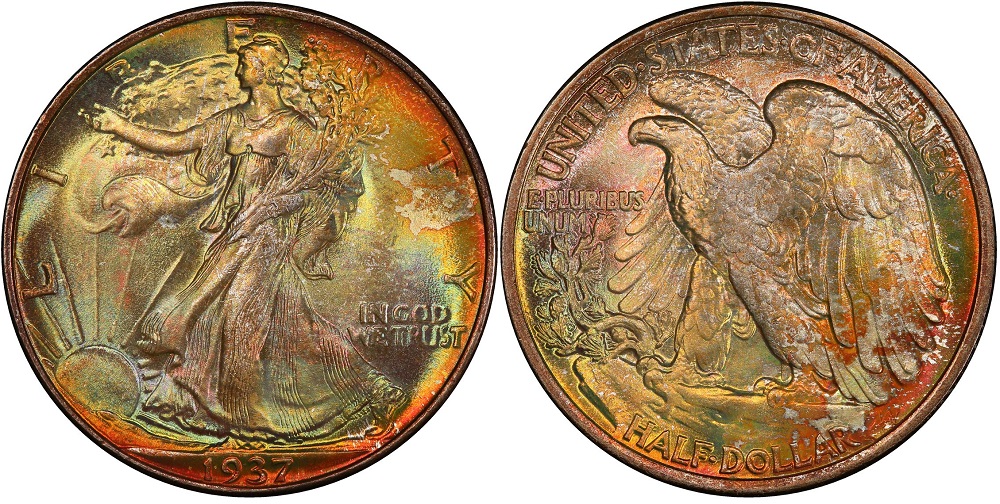 Grading strip showing 1937 Walking Liberty Half Dollar in four conditions: Good, Fine, Extremely Fine, and Gem Uncirculated, focusing on Liberty's gown line detail